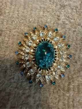 Gold-Tone Emerald Blue Sunburst Statement Brooch - Women Jewelry